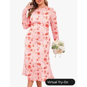 ZOMVA Women Pink Floral Mesh Long Sleeve Ruched Midi Dress with Lining 3XL